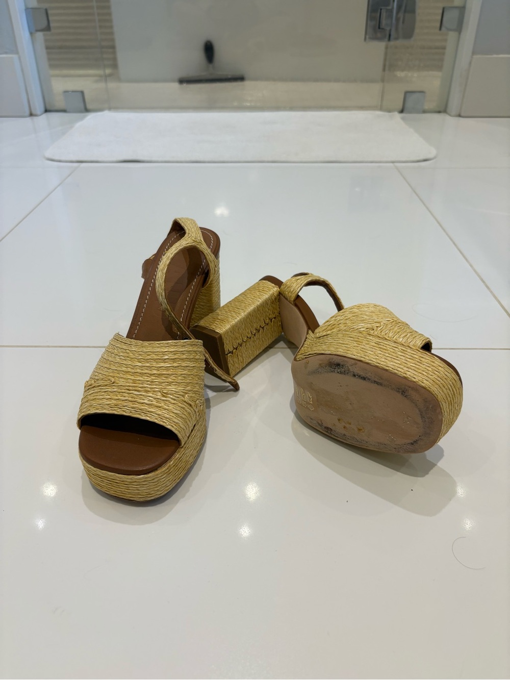 STAUD Natural Straw Woven Platform Block Heels